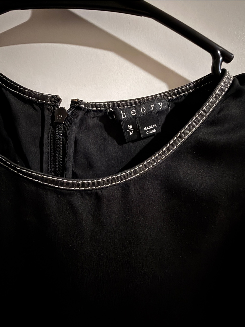 Theory Black Silk Blouse with Leather Trim